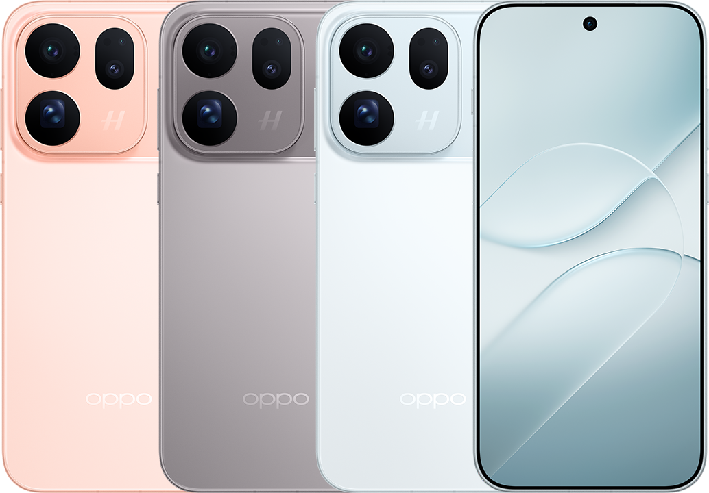 OPPO Find X10 in Glow Coral, Mist Grey and Glacier Blue, with the front display