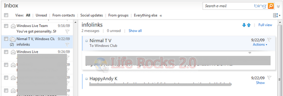 Conversation view in Hotmail