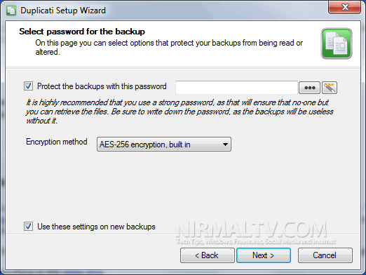 Password for backup