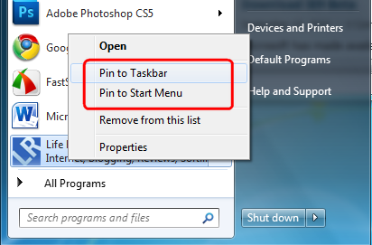 Pin to start menu