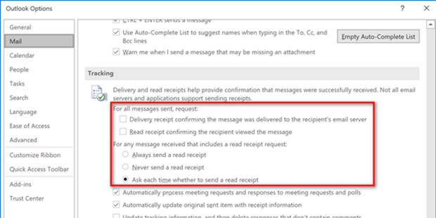 enable read receipts in Outlook