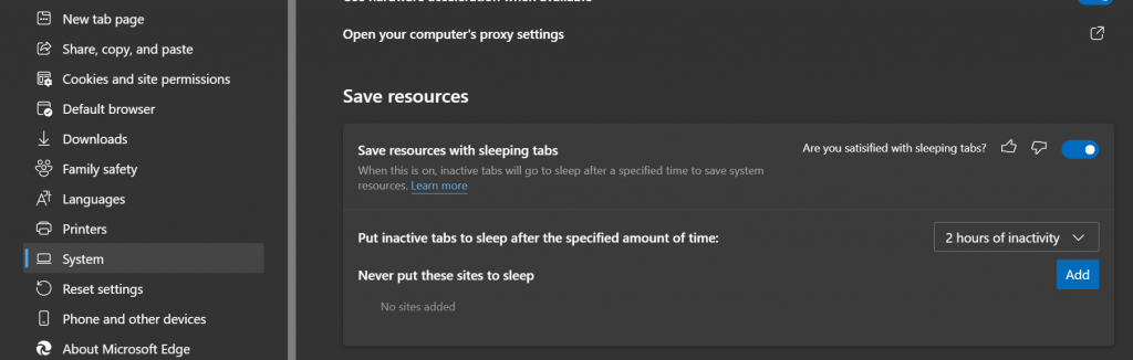 Sleeping Tabs on Microsoft Edge