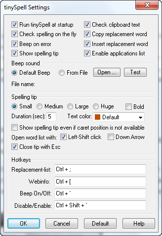 Settings TinySpell