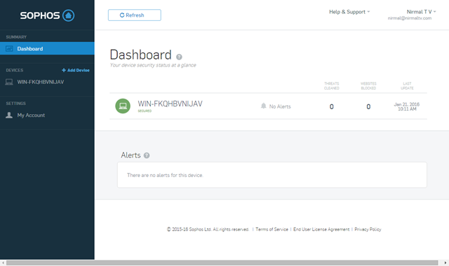 Sophos home dashboard