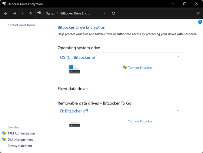 Enable BitLocker on Windows 11