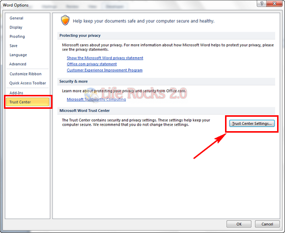 Trust center settings