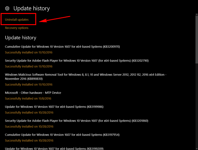 Uninstall windows 10 updates