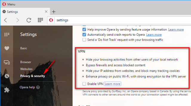 VPN on Opera browser