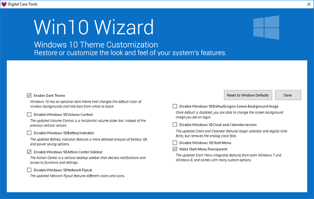 Win 10 Wizard options